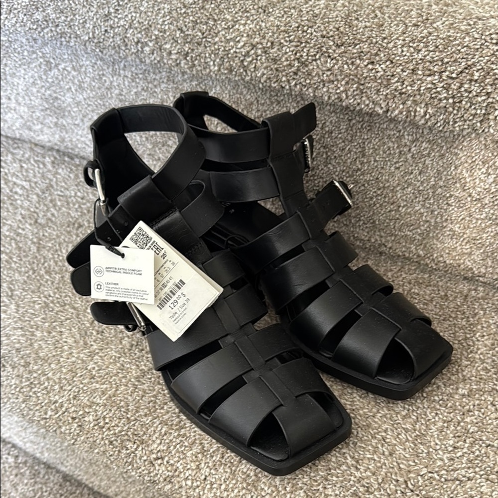 Zara Black Strappy Sandals (genuine leather)
